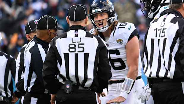 Jacksonville Jaguars quarterback Trevor Lawrence (16) argues a call with officials during the second half of an NFL football game against the Tennessee Titans Sunday, Jan. 7, 2024, in Nashville, Tenn. (AP Photo/John Amis)   